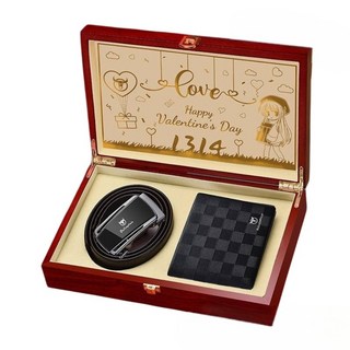 Bullcaptain 男士皮夾腰帶禮盒套裝，真皮格紋短夾，自動扣皮帶，財神實木禮盒