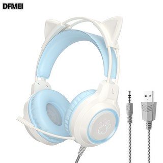 DFMEI G35貓耳電競耳機學生電腦專用3D環繞耳麥頭戴式有線遊戲耳機, SY-G35【貓耳藍色】PS5發光耳機(配贈一分二線), 如圖
