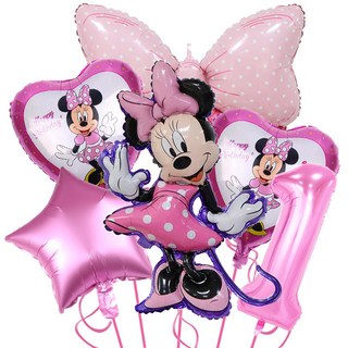 粉色米妮卡通氣球，寶寶生日派對裝飾，兒童活動聚會布置, 6球粉色米妮套裝 送絲帶不含支架, 1個