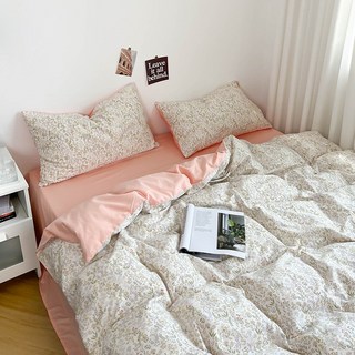 100% 면 사선 미니 꽃 순면 4종 세트 침대 시트 이불커버+패드+베개커버 세트, 조용한, 180*230cm 단일 시트