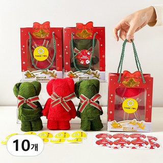 크리스마스 곰돌이 수건 답례품 행주 곰모양 타올 구디백 행사 단체 선물 포장 세트, 10개, 대형(35x75)