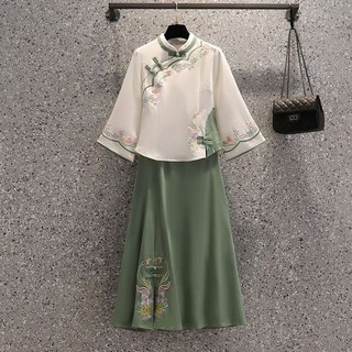 民國風改良漢服 大碼顯瘦復古中國風 寬鬆五四青年裝兩件套, 綠色上衣+綠色半身裙 【套裝】,3XL 【建議135-145斤】
