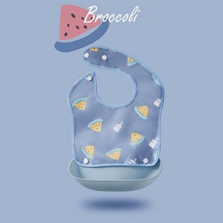 可拆式嬰兒矽膠防水立體吃飯圍兜, 1個, A-c27_可拆式吃飯圍兜_藍底#黃西瓜