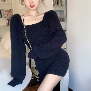 SISI 方領長袖露鎖骨低胸性感辣妹顯瘦燈籠袖連身裙 連衣裙 洋裝 包臀裙 短裙 約會聚餐, 黑