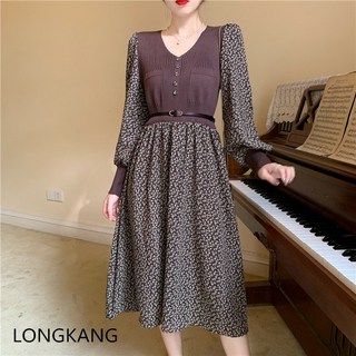 LONGKANG 봄가을 쉬폰 니트 원피스 슬림 하프 브이넥 퍼 원피스입니다