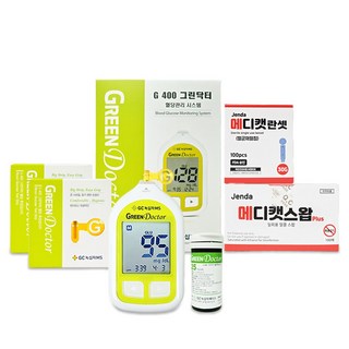 녹십자 그린닥터 혈당측정기+시험지100매+멸균침110개+솜100매 혈당측정기 세트 [메디캣 출고], 1세트, 그린닥터 혈당측정기