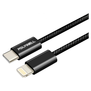 POLYWELL Type-C 轉 Lightning 編織快充線 3A 快速充電 iPhone 14 適用, 1m, 黑色, 1條