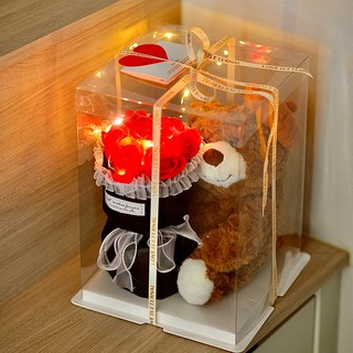 아르띠콜로 "이벤트용" LED 장미꽃 푹신한 곰돌이 향기나는 비누꽃다발, 1개, 레드