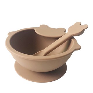 NEW樂頓硅膠嬰兒輔食碗吸盤碗小勺子套裝餐盤兒童防摔餐具吃飯碗, 卡其色, 1個