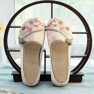 NTAW 大碼繡花鞋 一腳蹬民族風透氣復古女士拖鞋 休閒老北京布鞋 老年布鞋 繡花女 夏季, 粉紅色,35