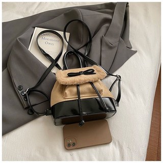 迷你可愛毛絨包包 百搭新款小衆高顏值雙肩包 時尚通勤精緻揹包, 卡其色-無掛件