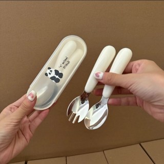 嚴選品質 寶寶便攜餐具 卡通輔食勺 304不銹鋼 兒童喫飯碗 叉勺餐具 收納盒套裝 嬰幼兒用品 安全無毒 防摔設計 禮物, 1個, 304鋼  熊貓便攜寶寶餐具 送收納盒