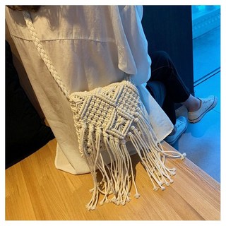 手工編織流蘇單肩斜挎包 夏日沙灘女包, 1個, 流蘇米白色