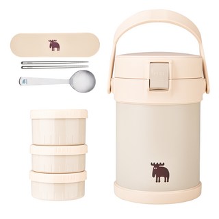 MOZ 스웨덴 316 스텐 일체형 3단 대용량 보온도시락 보온백 수저세트, 1세트, 오트밀베이지 일체형