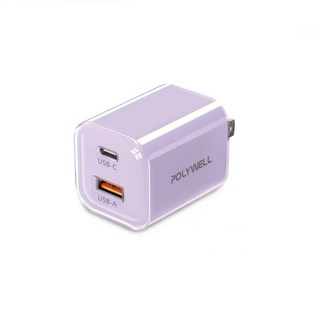 POLYWELL 30W 雙孔 PD 快充頭 USB-C USB-A GaN 氮化鎵迷你充電器 BSMI認證 寶利威爾, 紫色, 1個