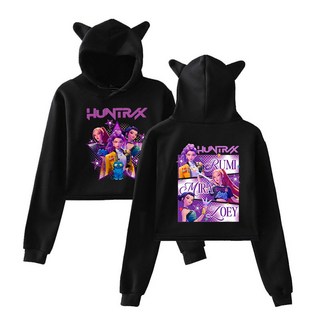 獵魔女團KPop Demon Hunters新款動漫卡通周邊印花時尚女裝貓耳朵連帽短款衛衣, 1個, 黑色2