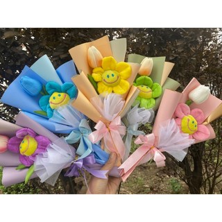 鬱金香向日葵布偶花束/布偶太陽花花束/母親節花束/絨毛向日葵花束/畢業花束/畢業禮物/卡通向日葵花束/卡通太陽花花束, 1個, 鬱金香向日葵布偶花束(紫色包裝),可至加購區挑選配件
