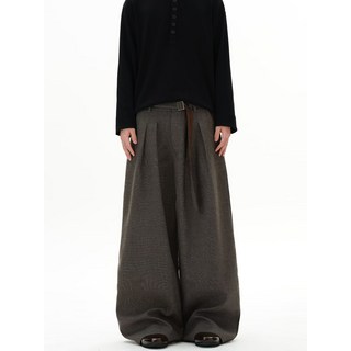 棕色格紋寬鬆闊腿西褲 - 通勤百搭顯瘦直筒長褲