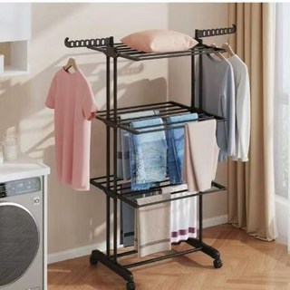 多功能三層摺疊落地晾衣架，附輪，可拉伸，毛巾架，陽台晾曬架, 雙管三層置物架[黑色]