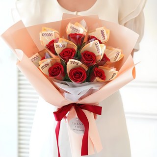 BeautifulDecoSense 香皂鈔票花朵 10入+購物袋組, 紅色