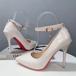 一字扣帶高跟鞋女漆皮細跟黑色職業工作鞋不掉跟大尺碼, 淺灰色10厘米 （收藏優先發貨）,43