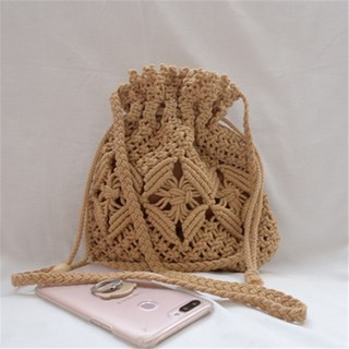手工編織束口隨身包 單肩 斜背包 手機包 小包, 卡其