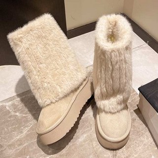 白鳥麗子 中筒雪靴 毛毛拼接 圓頭厚底