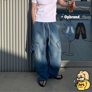 OPB 工裝牛仔褲 側口袋寬褲 落地長褲 厚磅水洗牛仔闊腿褲