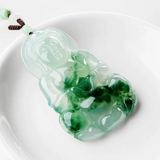 臺灣出貨 天然冰種翡翠色玉佛吊墜女款淺綠飄花彌勒佛笑佛玉石掛件 佛公 彌勒佛項鍊女 笑佛玉墜 吊墜 玉觀音, 飄花玉觀音, 1個
