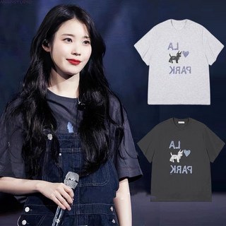 Low Classic IU同款小狗印花短袖T恤 可愛情侶款韓系寬鬆短袖 李知恩同款, 白灰色