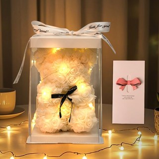 EVOKME 장미꽃곰돌이 로즈베어 장미곰돌이 플라워곰 led 조화 꽃다발 기념일 생일 결혼 신혼 선물 인테리어조화, 1개, 화이트