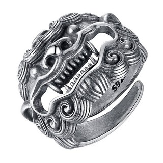 XY 張嘴狂喫納財招財貔貅925純銀戒指 貔貅復古男戒霸氣個性開口指環