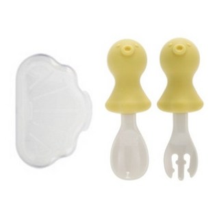 에디슨 자기주도 실리콘 스푼 포크 케이스 세트 아기 문어, YELLOW, 스푼 + 포크 + 케이스, 4세트