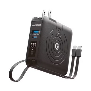 MOZTECH多功能無線充電行動電源，內建Type-C/Lightning接頭，數位顯示電量，支援快充，輕巧便攜, 紳士黑, MOA-08