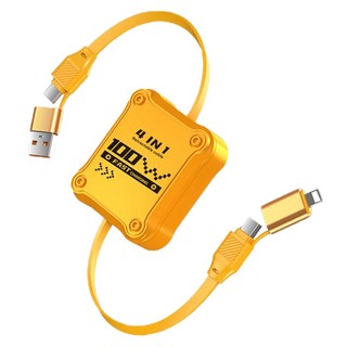 四合一伸縮充電線 100W快充 USB Type-C Lightning多接口 雙向渦輪便攜充電線, 黃色, 1個, 20-120cm