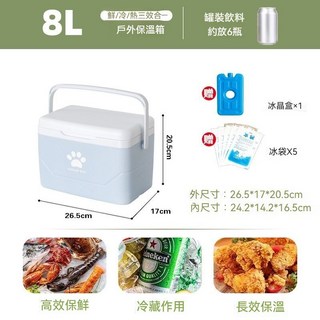 戶外保溫保冷箱(台南現貨出貨) 車載冰箱 冰桶 保冰箱 便攜車載冰箱冰桶 擺攤戶外露營 野餐保冷保鮮, 8L-淺藍色-送5個冰袋+1個冰晶盒