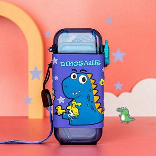 玩具總動員方形吸管水杯 兒童防摔防漏水壺 寶寶學飲杯 幼兒園水杯, 深藍色恐龍280ml, 1個