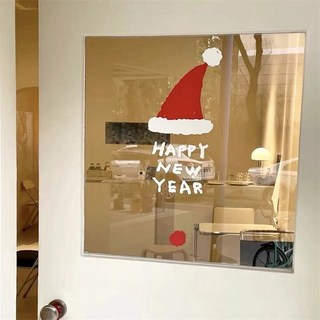 可愛耶誕帽鹿角玻璃貼，台灣出貨，耶誕節裝飾品，商場店鋪櫥窗牆貼紙，節日氛圍場景佈置, 紅帽玻璃貼（16*40cm)