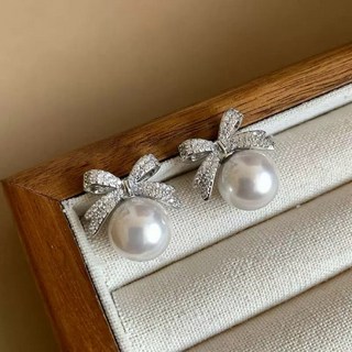 蝴蝶結珍珠925銀耳環 氣質高級感耳環 無耳洞