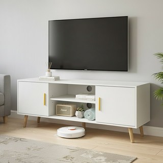 KOTTII 모던 나무 TV다이 거실용 수납장 도어 2개 포함, 화이트