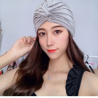 飛魚未來泳帽女長髮佈料舒適不勒頭時尚護耳防曬溫泉遊泳帽顯臉小, 灰色包頭帽, 1個