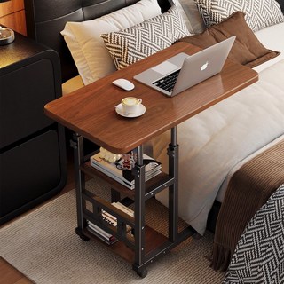 床邊可移動升降電腦桌學生書桌臥室家用床上學習寫字桌辦公桌, 胡桃色【雙層層書架升降可移動】,6040小號, 胡桃色