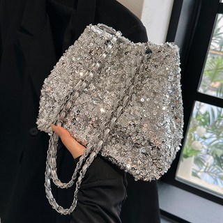 水桶包 側背包 大容量 鏈條單肩斜挎包 亮片韓係, 銀色