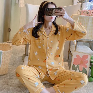 大尺碼女裝 睡衣女 睡衣套裝 長袖睡衣 居家服 家居服 睡衣女春秋季女士家居服長袖開衫女睡衣加大碼女裝休閒家居服新款