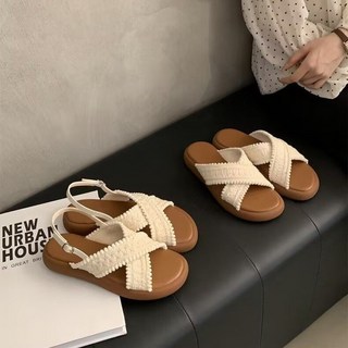 民族風編織交叉涼鞋 - 波西米亞平底沙灘鞋, 杏色拖鞋,37