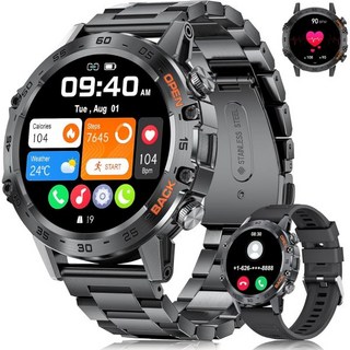 남성용 스마트워치 안드로이드 iOS 지원 400mAh 군용 심박수 혈중 산소 수면 모니터 걸음 수 측정 방수 야외용 스마트워치(건메탈 그레이), Starry Black