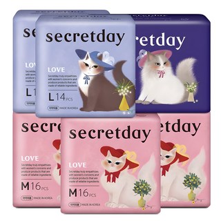 시크릿데이 러브 생리대 날개형 중형 16p 3팩 + 대형 14p 2팩 + 오버나이트 10p, 1세트