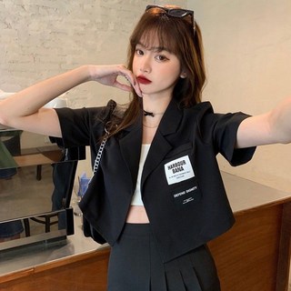 女短袖外套 短版外套 網紅小西服短袖外套女夏薄款垂感韓版寬松設計感小眾黑色短款西服女外