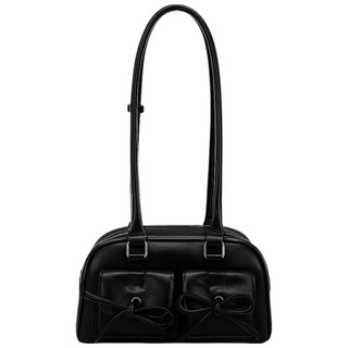 【MDMS】聖誕節雙層蝴蝶結亮面手提包 (4colors) 鏡面時尚韓系簡約單肩保齡球通勤腋下包 B086, 黑色