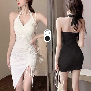 SISI【D23046】性感掛脖V領爆乳連衣裙：交叉綁帶、開衩包臀、不規則下擺，夏日辣妹必備